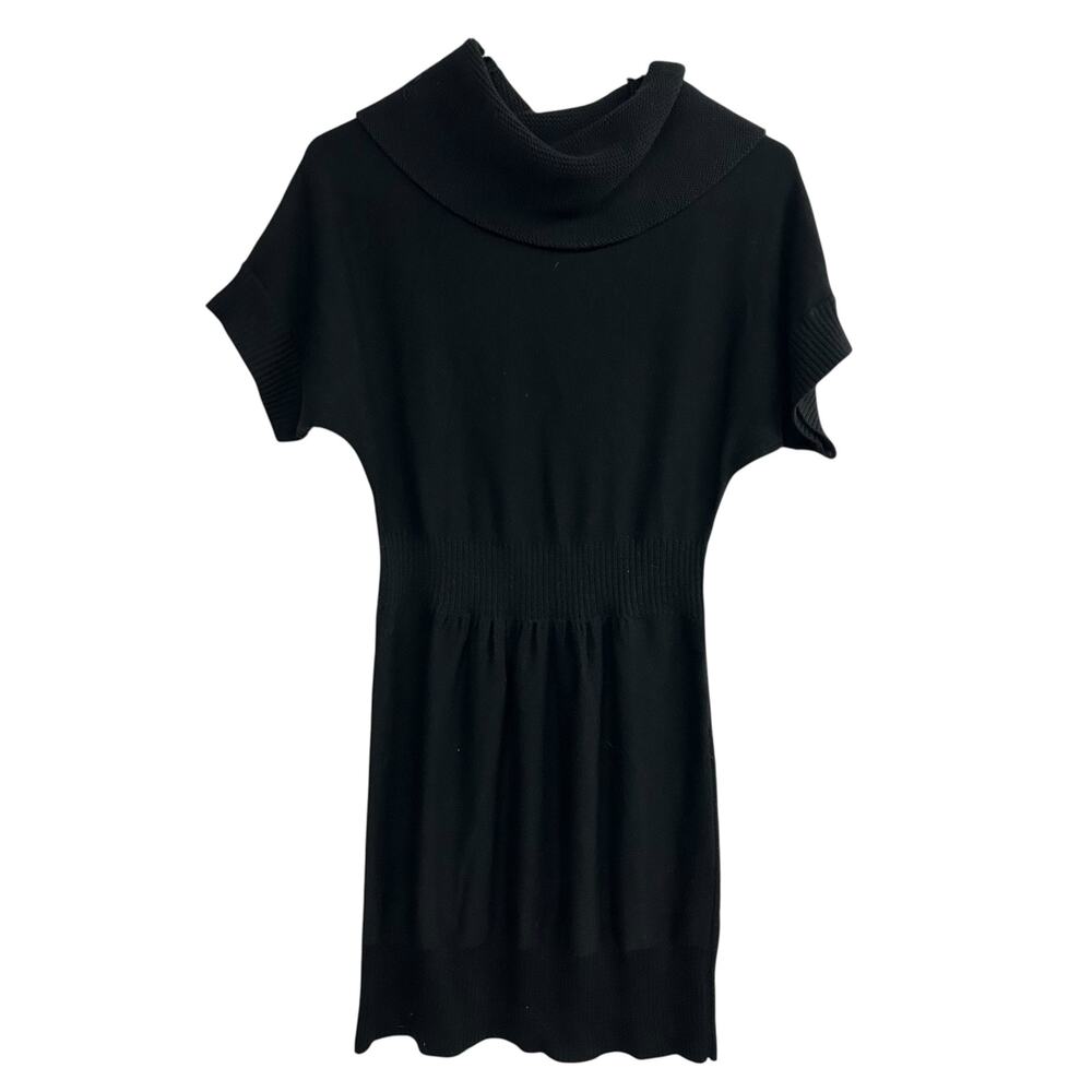 Minimalist chic black‎ sweater dress wool blend cowl neck short sleeve M
